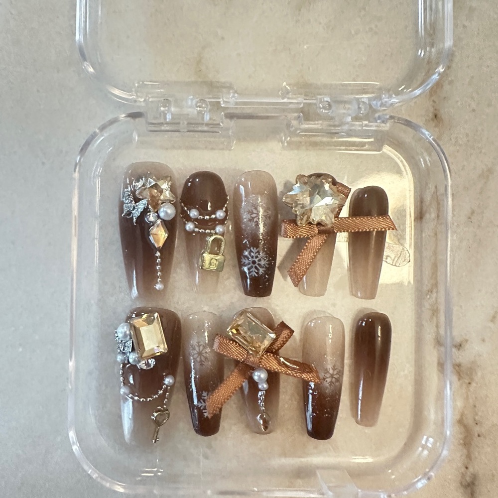 Brown and Tan Press on Nail Art Set with Rhinestones